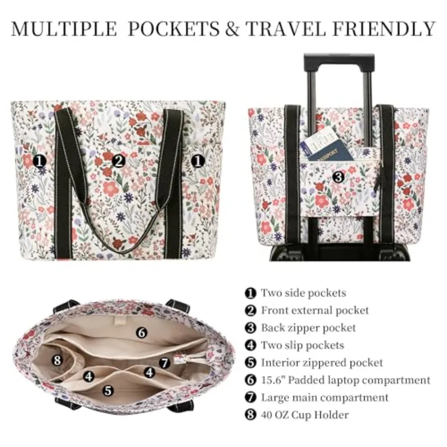 Tote Bag for Women with Laptop Compartment and Cup Holder, Nylon Bag for Work, Travel, Gym, Beach, Teacher, Nurse, School, Mom