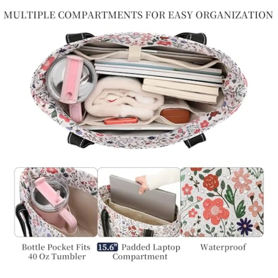 Tote Bag for Women with Laptop Compartment and Cup Holder, Nylon Bag for Work, Travel, Gym, Beach, Teacher, Nurse, School, Mom