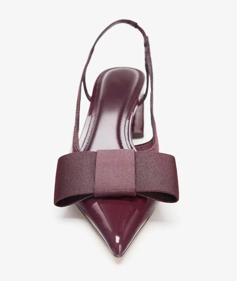 Escarpins sexy en cuir verni bordeaux à bout pointu pour femme – Chaussures de créateur élégantes et confortables avec bride arrière et nœud, idéales pour les soirées et banquets.