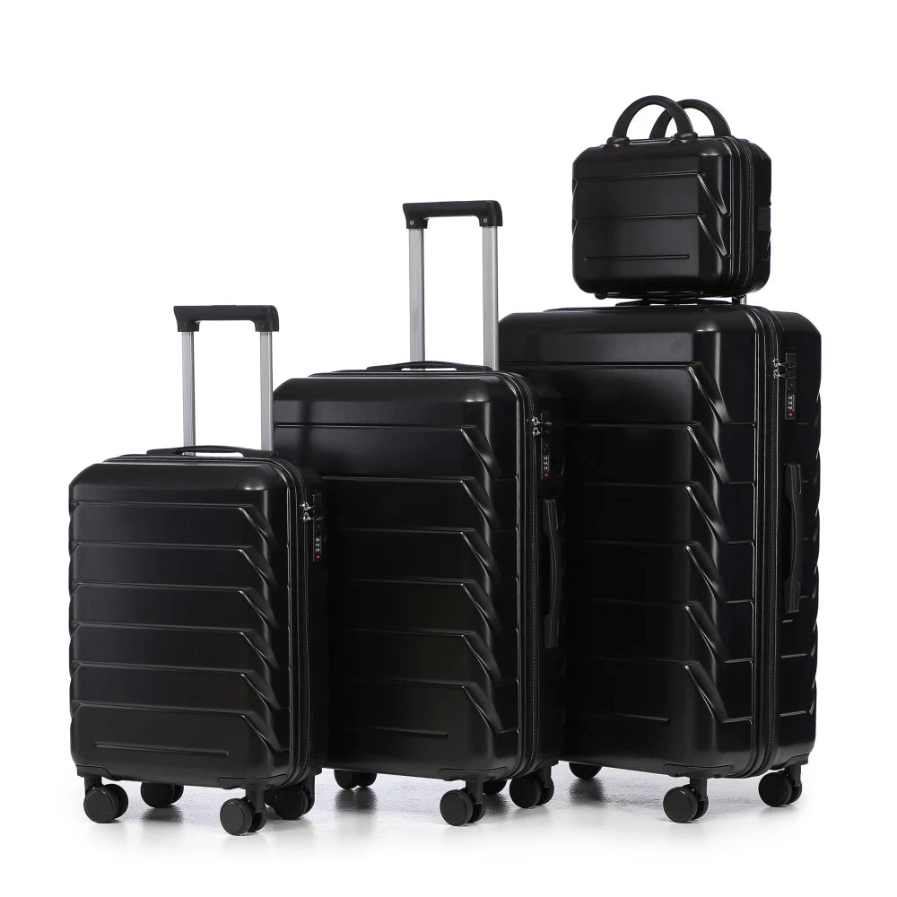 Ensemble de 4 valises rigides en ABS (tailles 14/19/24/28 pouces) avec roues multidirectionnelles à 360°, serrure à code intégrée, poignée télescopique et trousse de toilette ; modèles adaptés à la cabine et à la soute.