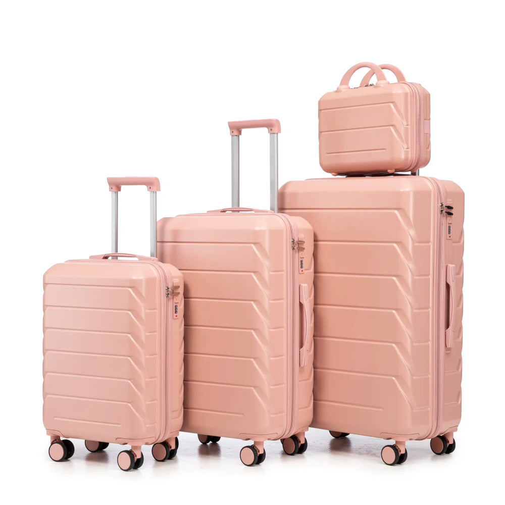Ensemble de 4 valises rigides en ABS (tailles 14/19/24/28 pouces) avec roues multidirectionnelles à 360°, serrure à code intégrée, poignée télescopique et trousse de toilette ; modèles adaptés à la cabine et à la soute.