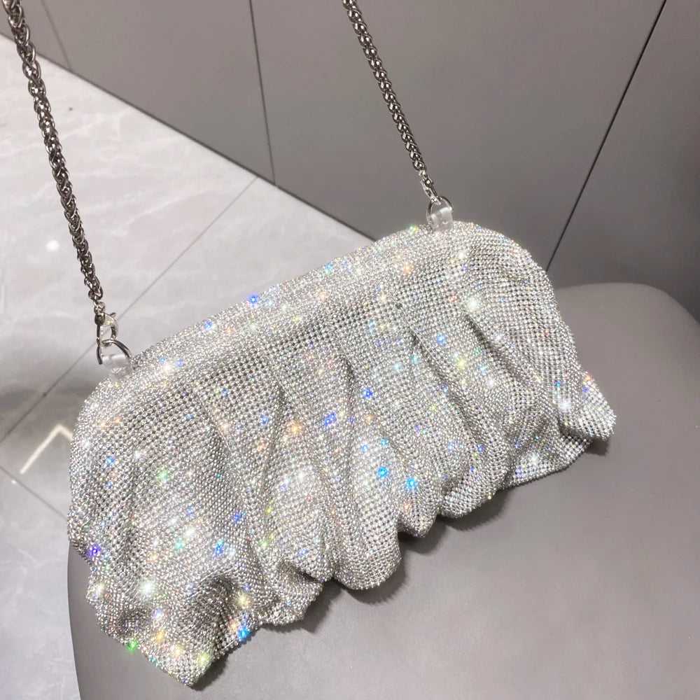 Pochette de soirée faite main ornée de strass brillants – Sac à main de luxe plissé pour mariage et soirée – Haute qualité