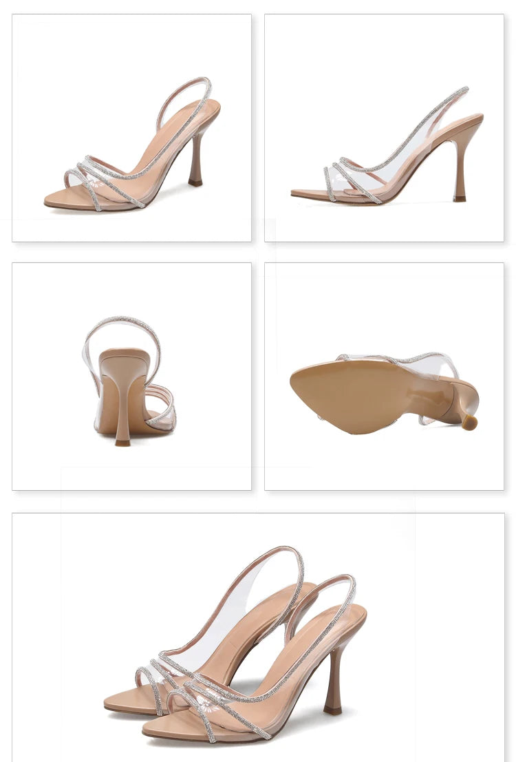 Escarpins d'été pour femme à bride arrière et strass – Sandales à talons transparents style « office lady » – Élégants talons hauts sexy à bout pointu