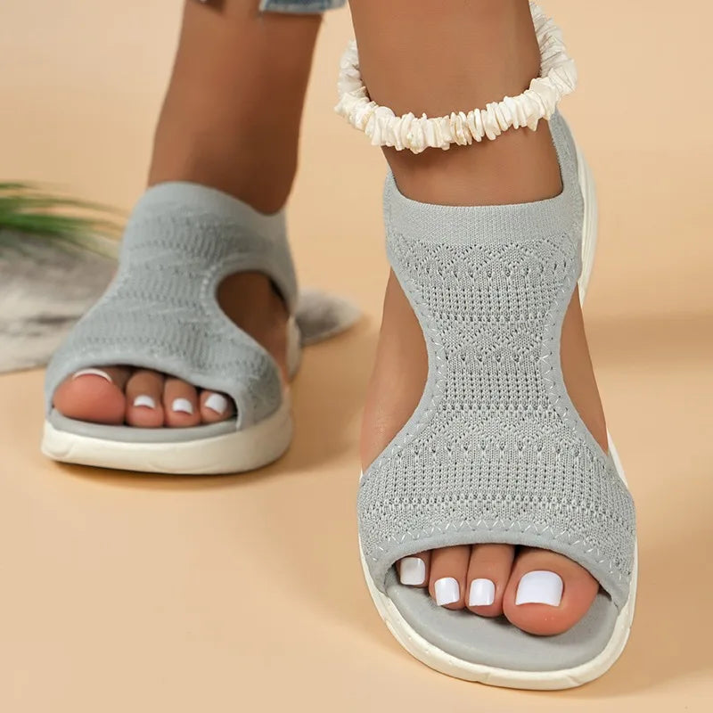 Sandales de sport décontractées et confortables pour femme – Été 2025 – Sandales compensées de plage et sandales romaines en maille tricotée