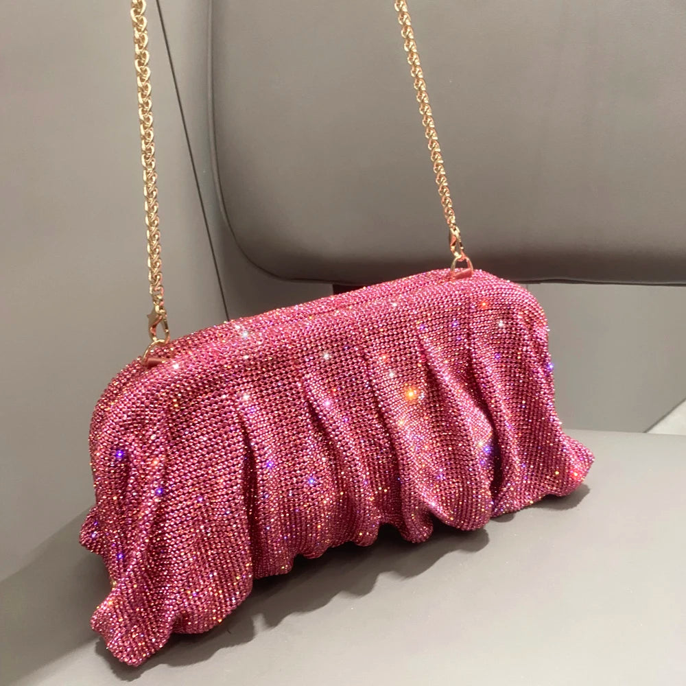 Pochette de soirée faite main ornée de strass brillants – Sac à main de luxe plissé pour mariage et soirée – Haute qualité