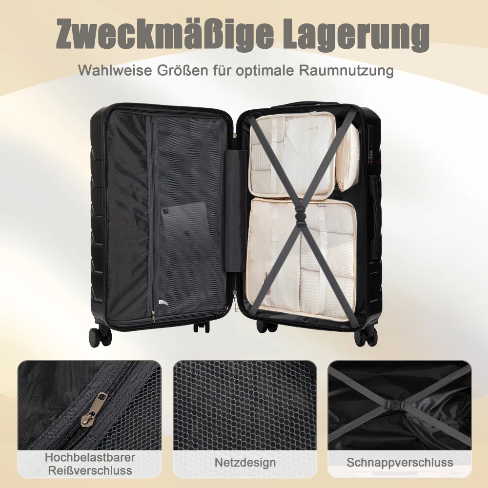 Ensemble de 4 valises rigides en ABS (tailles 14/19/24/28 pouces) avec roues multidirectionnelles à 360°, serrure à code intégrée, poignée télescopique et trousse de toilette ; modèles adaptés à la cabine et à la soute.