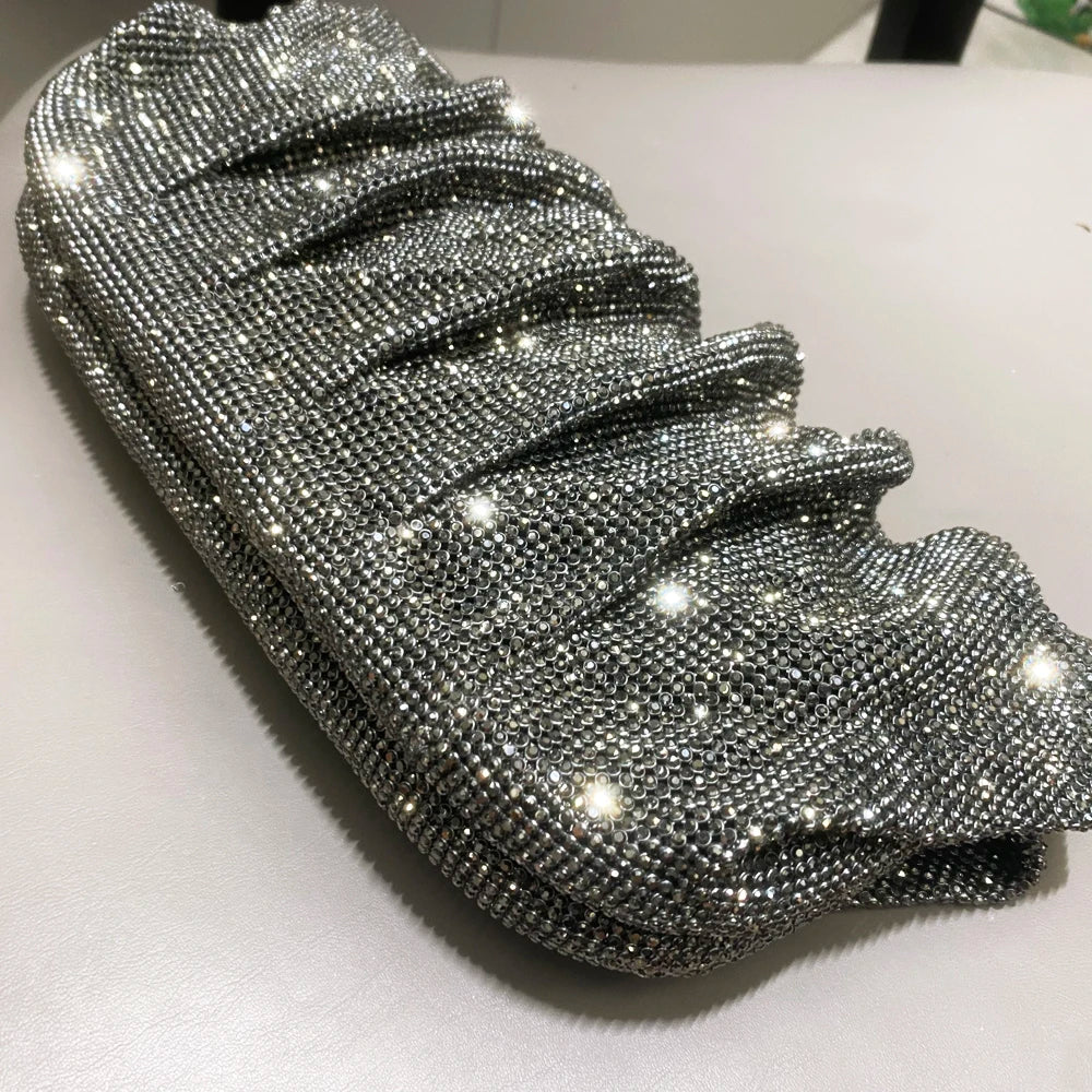 Pochette de soirée faite main ornée de strass brillants – Sac à main de luxe plissé pour mariage et soirée – Haute qualité