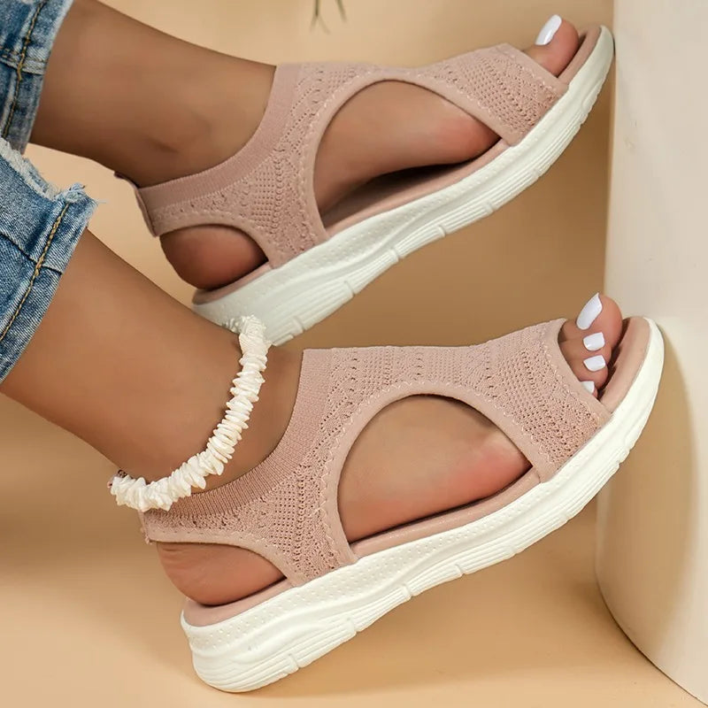 Sandales de sport décontractées et confortables pour femme – Été 2025 – Sandales compensées de plage et sandales romaines en maille tricotée