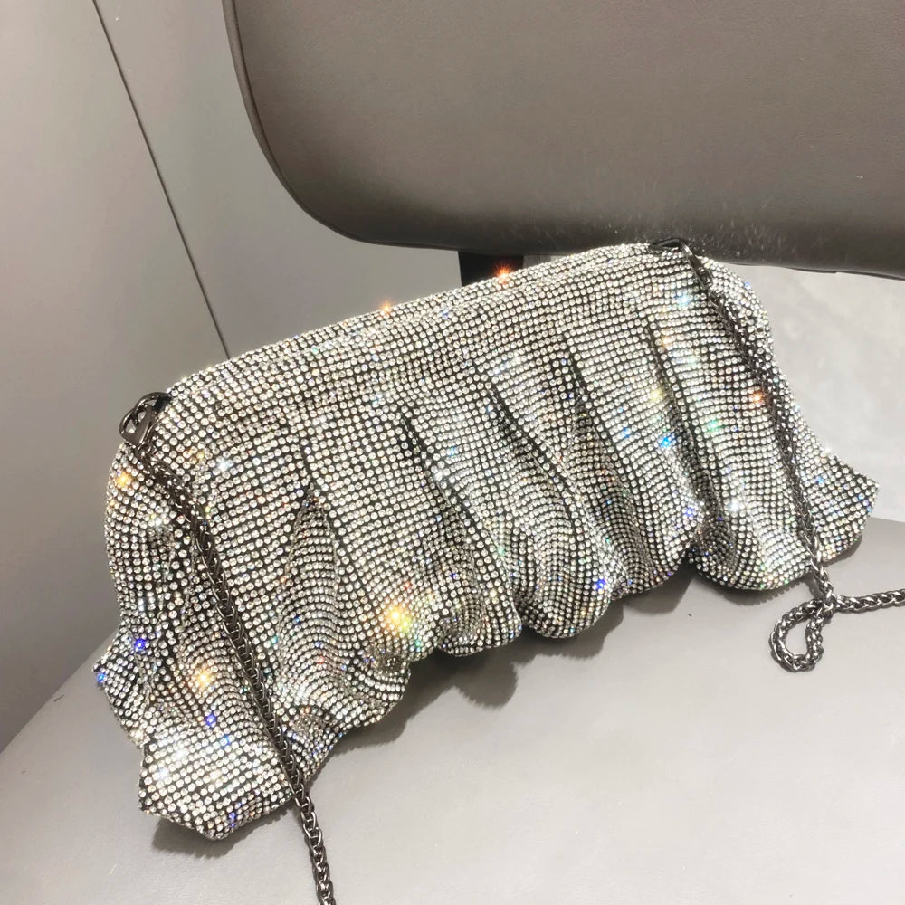 Pochette de soirée faite main ornée de strass brillants – Sac à main de luxe plissé pour mariage et soirée – Haute qualité