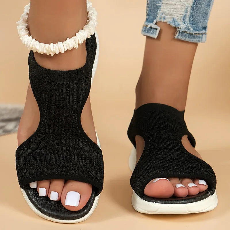 Sandales de sport décontractées et confortables pour femme – Été 2025 – Sandales compensées de plage et sandales romaines en maille tricotée