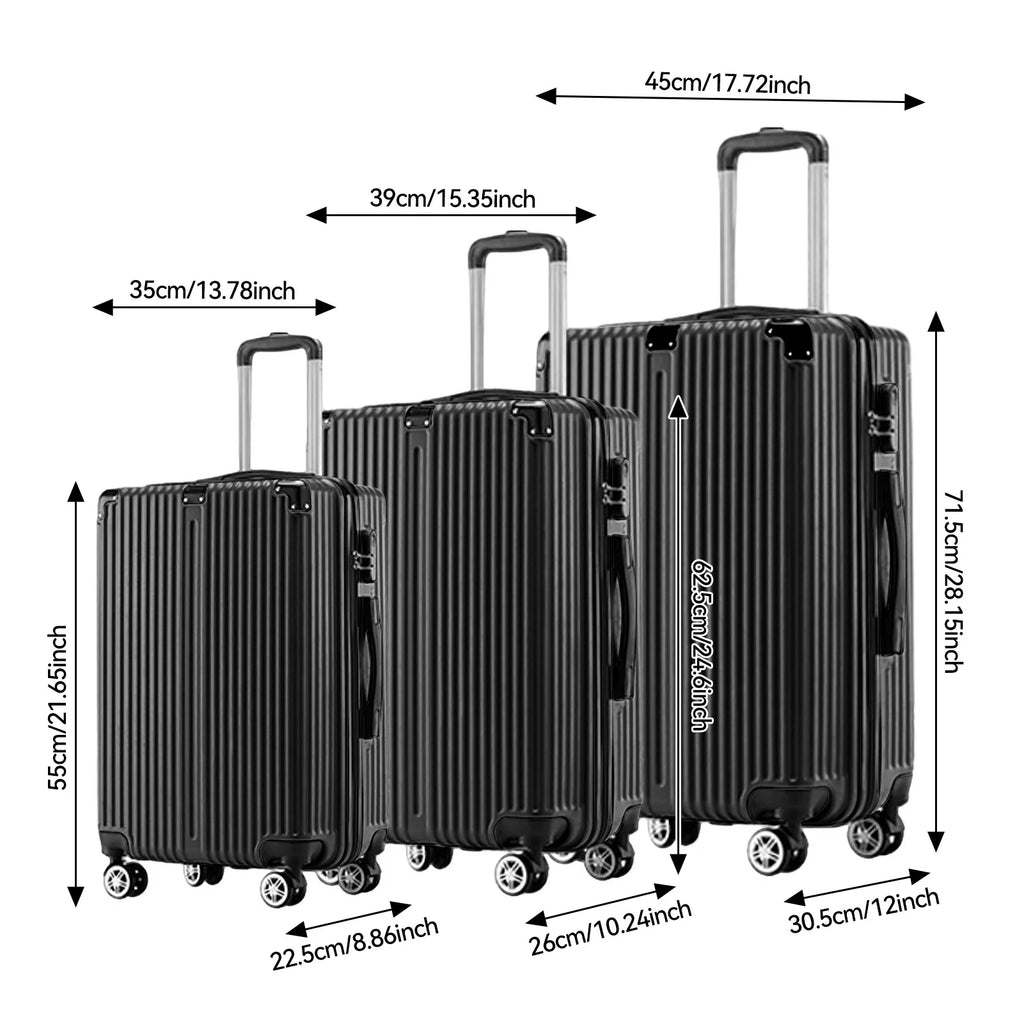 3-piece suitcase set 20-24- 28" Set ABS hard shell travel luggage set 4 wheels zipper telescopic pull rod M-L-XL set Black