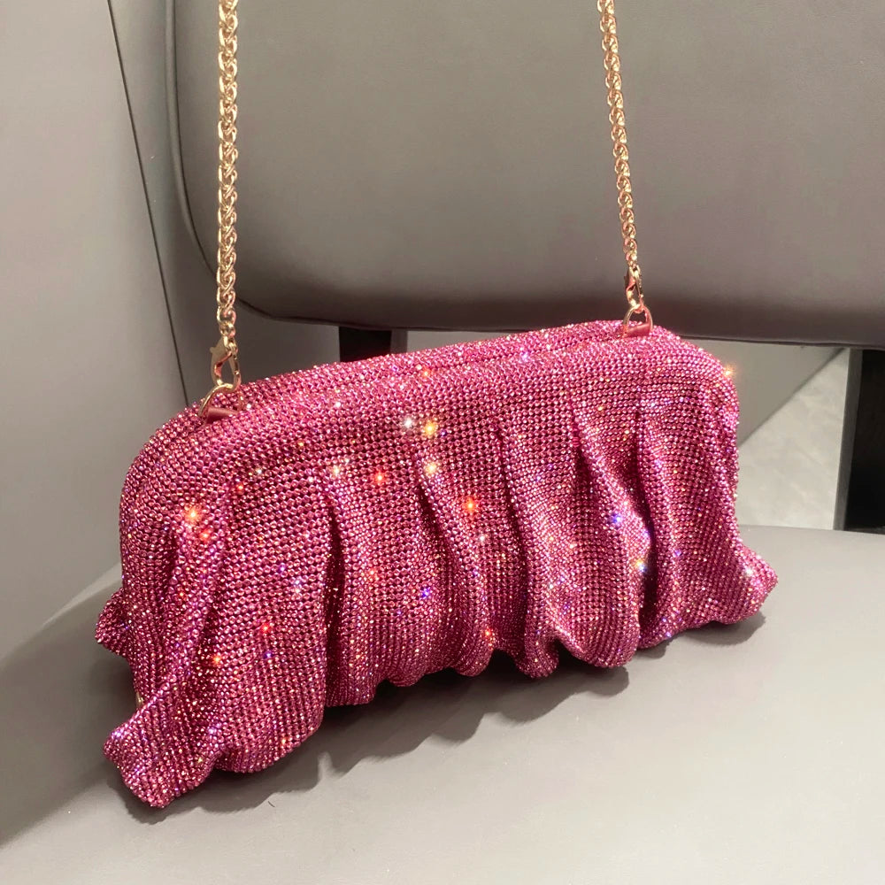 Pochette de soirée faite main ornée de strass brillants – Sac à main de luxe plissé pour mariage et soirée – Haute qualité