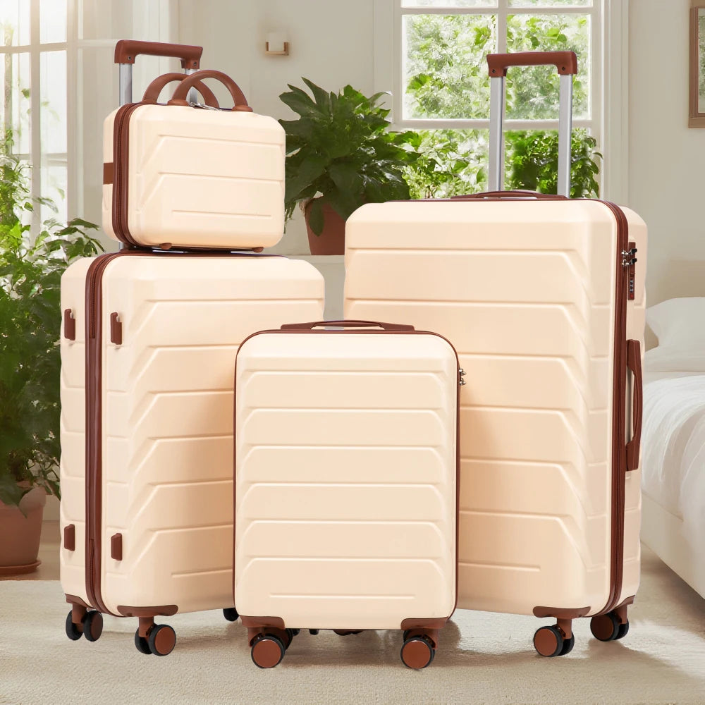 Ensemble de 4 valises rigides en ABS (tailles 14/19/24/28 pouces) avec roues multidirectionnelles à 360°, serrure à code intégrée, poignée télescopique et trousse de toilette ; modèles adaptés à la cabine et à la soute.