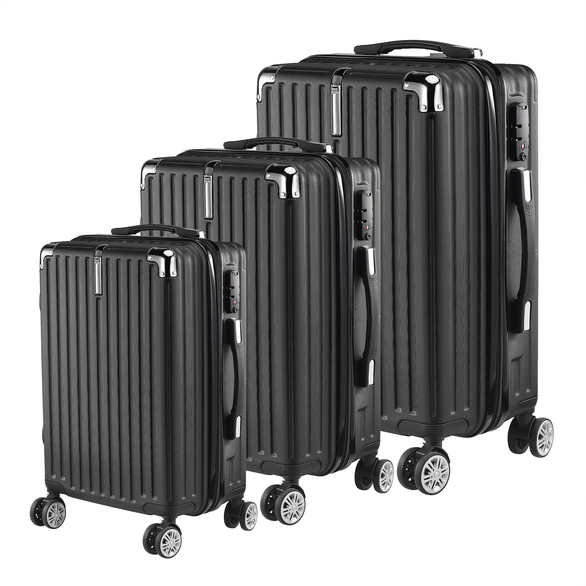 3-piece suitcase set 20-24- 28" Set ABS hard shell travel luggage set 4 wheels zipper telescopic pull rod M-L-XL set Black