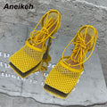 Aneikeh – Escarpins-sandales sexy en résille pour femme (été 2025) – Bout carré, talons aiguilles hauts, lacets croisés, style ajouré – Idéal pour soirées et occasions habillées