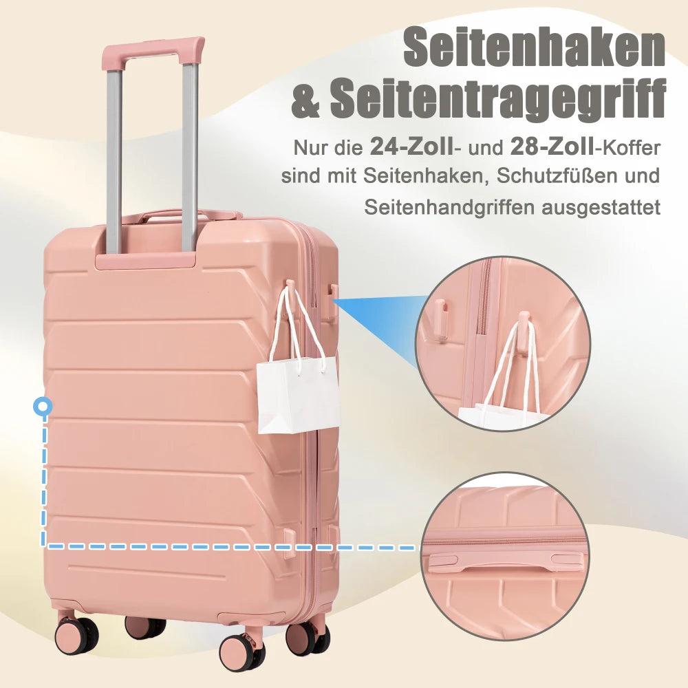 Ensemble de 4 valises rigides en ABS (tailles 14/19/24/28 pouces) avec roues multidirectionnelles à 360°, serrure à code intégrée, poignée télescopique et trousse de toilette ; modèles adaptés à la cabine et à la soute.
