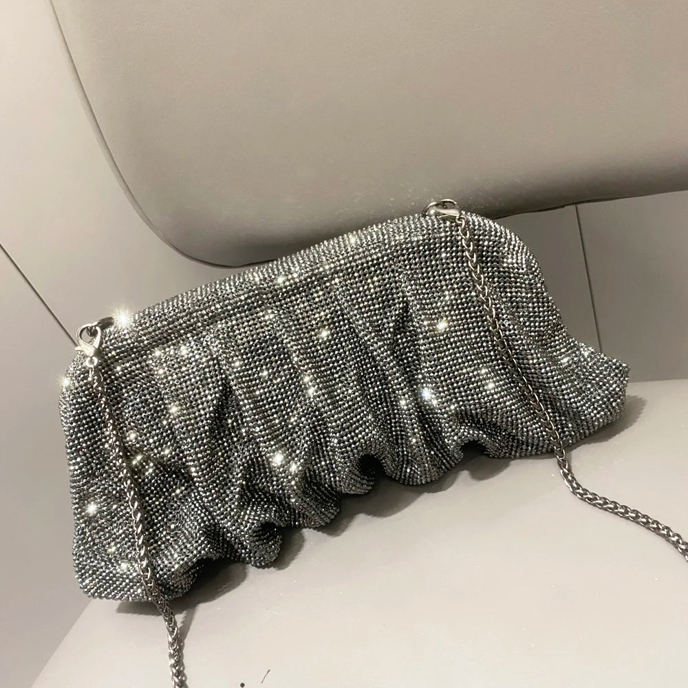 Pochette de soirée faite main ornée de strass brillants – Sac à main de luxe plissé pour mariage et soirée – Haute qualité