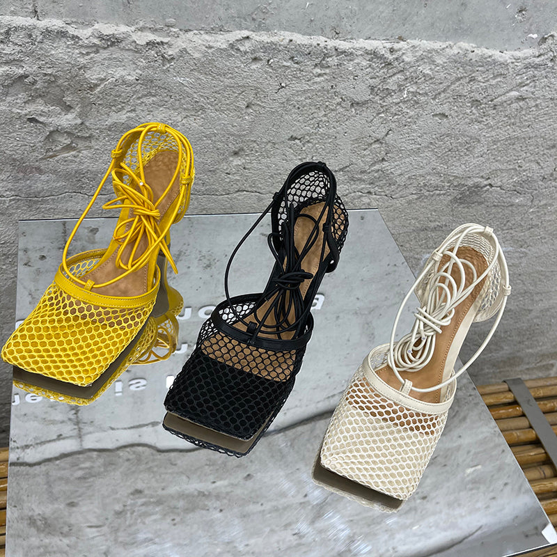 Aneikeh – Escarpins-sandales sexy en résille pour femme (été 2025) – Bout carré, talons aiguilles hauts, lacets croisés, style ajouré – Idéal pour soirées et occasions habillées
