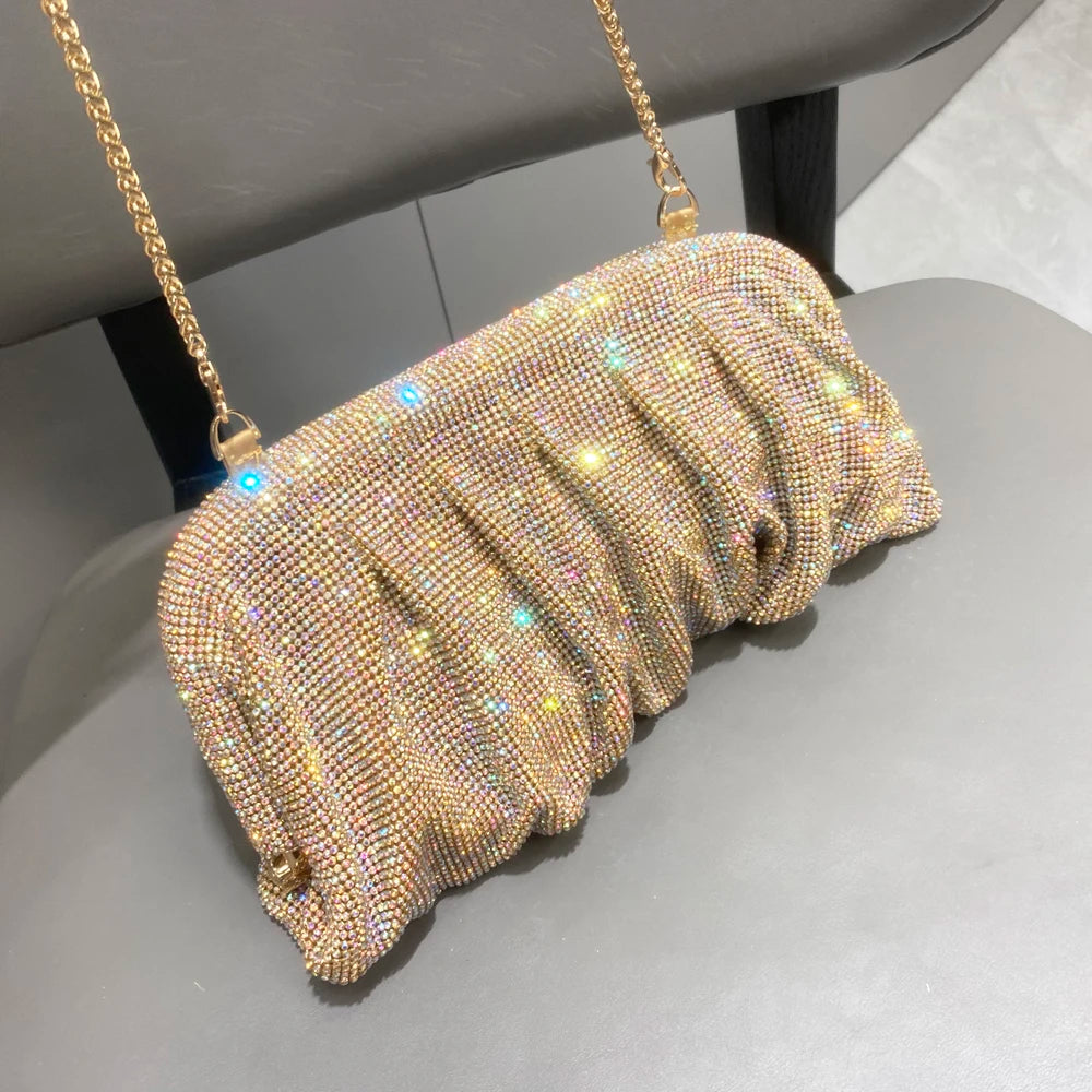 Pochette de soirée faite main ornée de strass brillants – Sac à main de luxe plissé pour mariage et soirée – Haute qualité