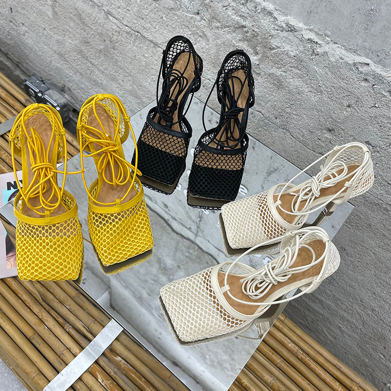 Aneikeh – Escarpins-sandales sexy en résille pour femme (été 2025) – Bout carré, talons aiguilles hauts, lacets croisés, style ajouré – Idéal pour soirées et occasions habillées