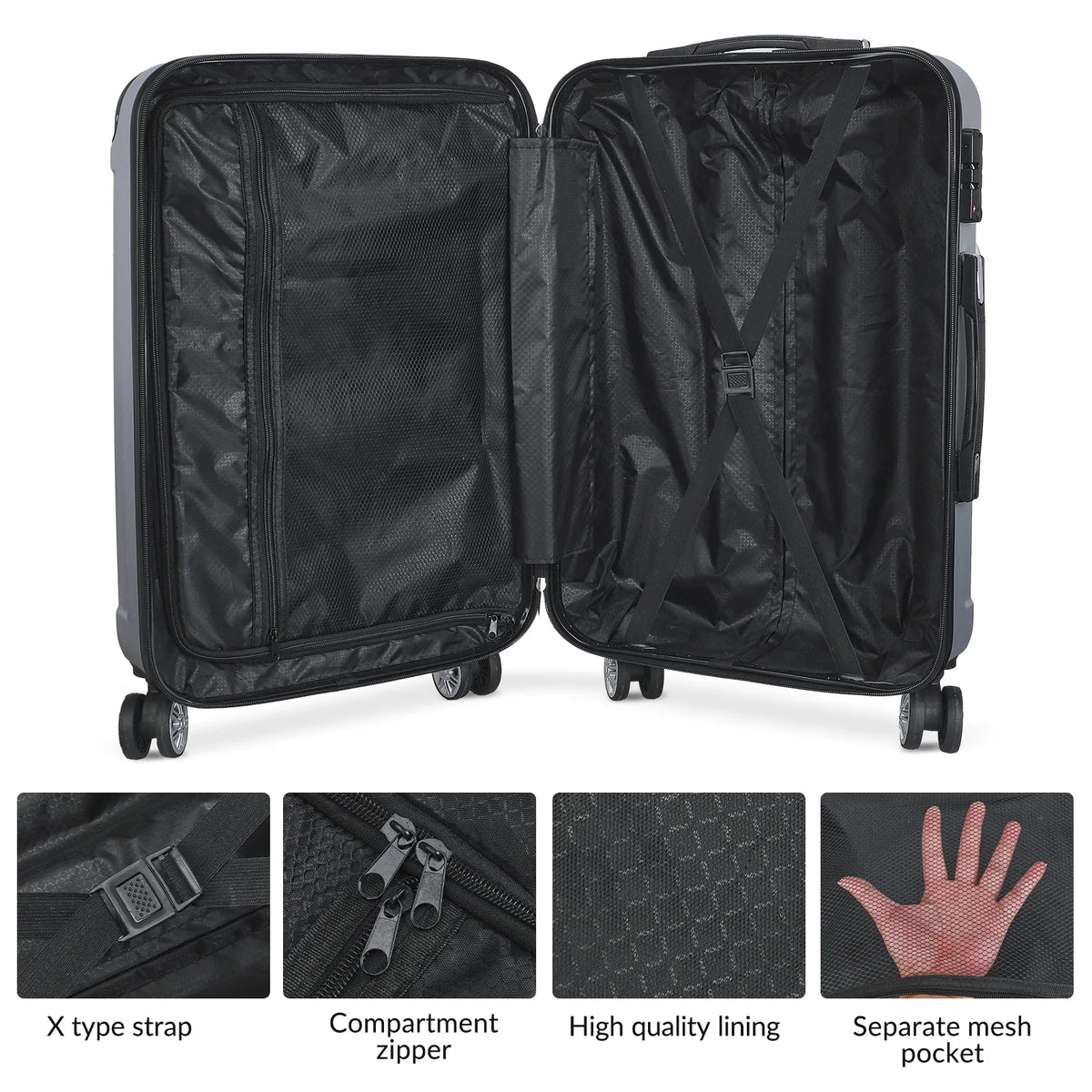 3-piece suitcase set 20-24- 28" Set ABS hard shell travel luggage set 4 wheels zipper telescopic pull rod M-L-XL set Black