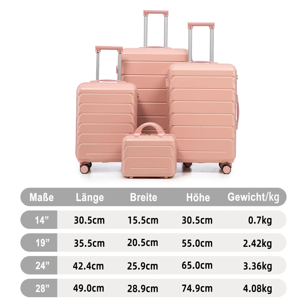 Ensemble de 4 valises rigides en ABS (tailles 14/19/24/28 pouces) avec roues multidirectionnelles à 360°, serrure à code intégrée, poignée télescopique et trousse de toilette ; modèles adaptés à la cabine et à la soute.
