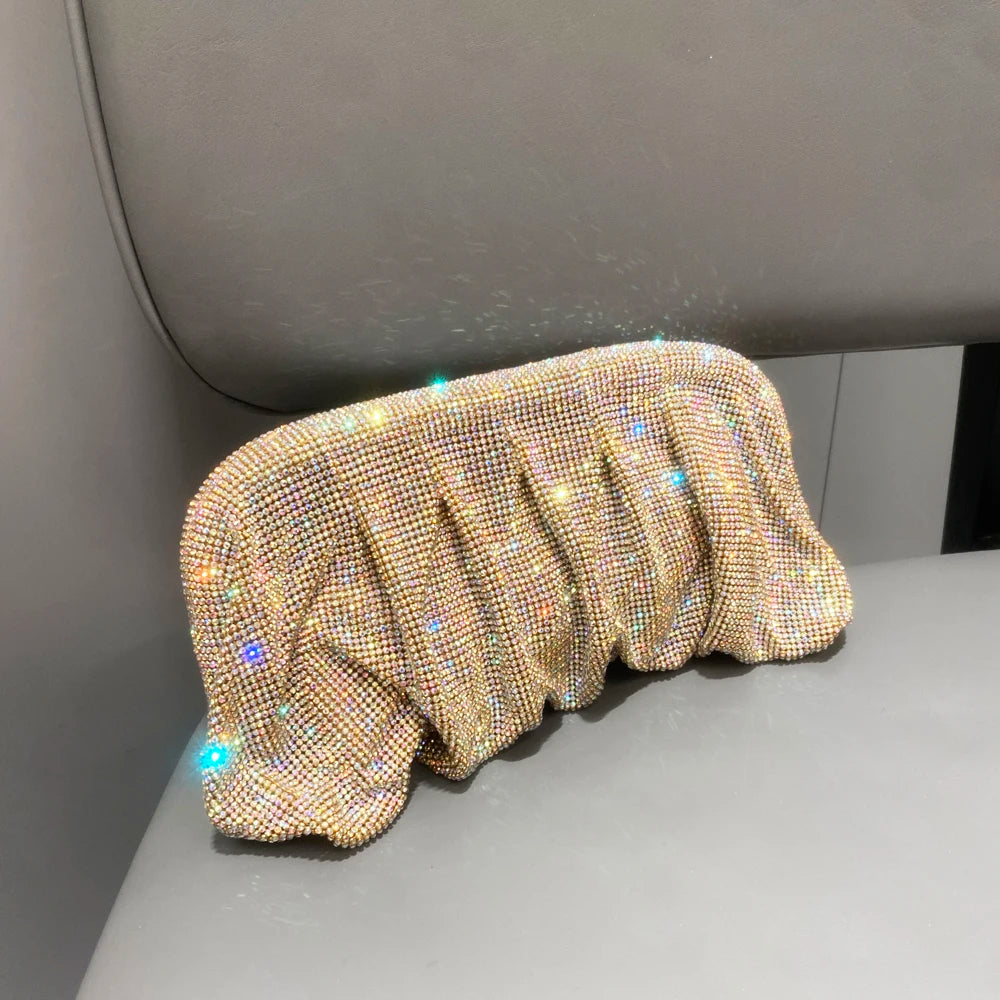 Pochette de soirée faite main ornée de strass brillants – Sac à main de luxe plissé pour mariage et soirée – Haute qualité