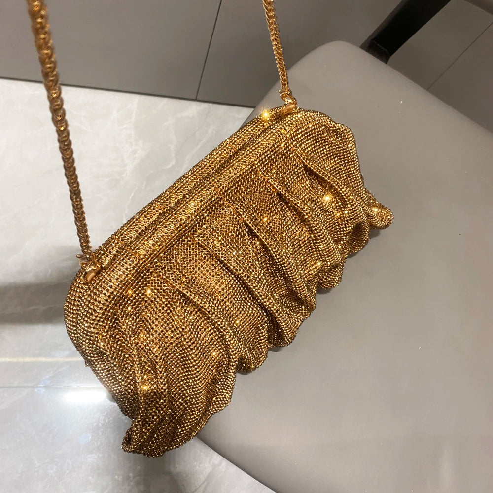Pochette de soirée faite main ornée de strass brillants – Sac à main de luxe plissé pour mariage et soirée – Haute qualité