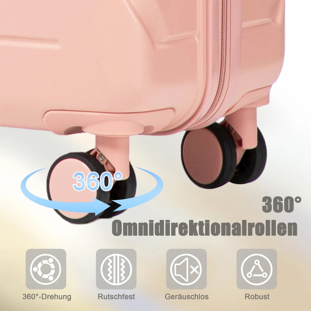 Ensemble de 4 valises rigides en ABS (tailles 14/19/24/28 pouces) avec roues multidirectionnelles à 360°, serrure à code intégrée, poignée télescopique et trousse de toilette ; modèles adaptés à la cabine et à la soute.