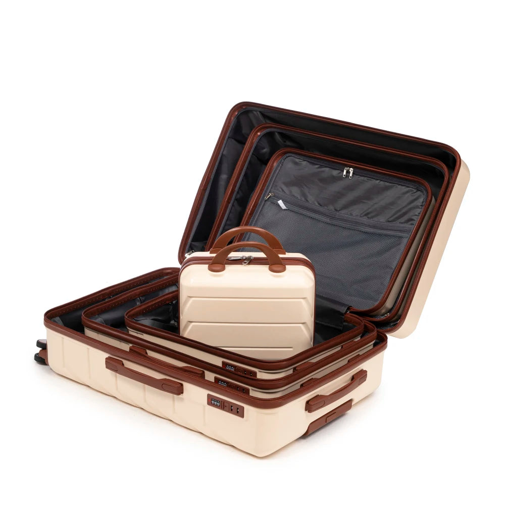 Ensemble de 4 valises rigides en ABS (tailles 14/19/24/28 pouces) avec roues multidirectionnelles à 360°, serrure à code intégrée, poignée télescopique et trousse de toilette ; modèles adaptés à la cabine et à la soute.