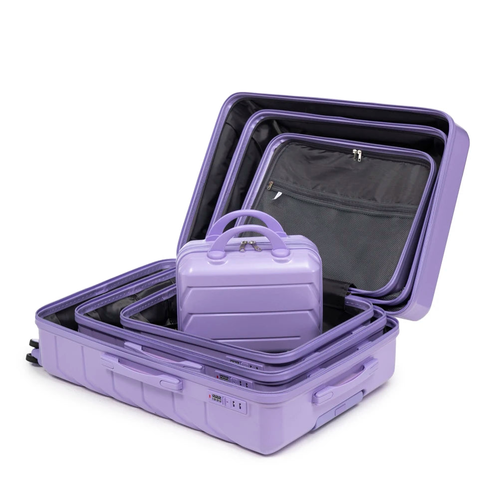 Ensemble de 4 valises rigides en ABS (tailles 14/19/24/28 pouces) avec roues multidirectionnelles à 360°, serrure à code intégrée, poignée télescopique et trousse de toilette ; modèles adaptés à la cabine et à la soute.