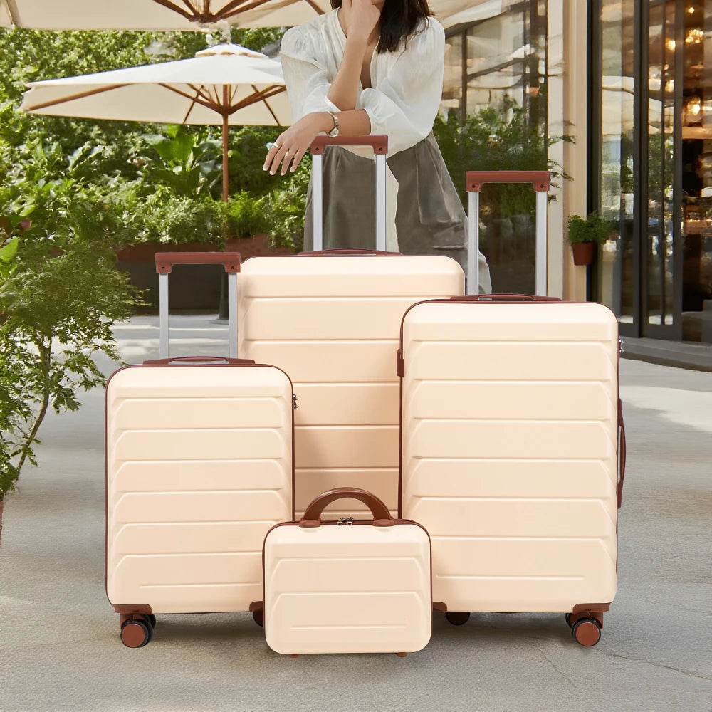 Ensemble de 4 valises rigides en ABS (tailles 14/19/24/28 pouces) avec roues multidirectionnelles à 360°, serrure à code intégrée, poignée télescopique et trousse de toilette ; modèles adaptés à la cabine et à la soute.