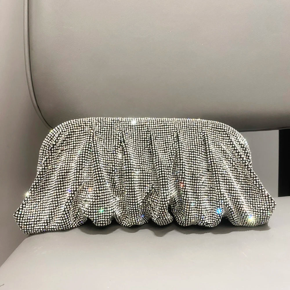 Pochette de soirée faite main ornée de strass brillants – Sac à main de luxe plissé pour mariage et soirée – Haute qualité