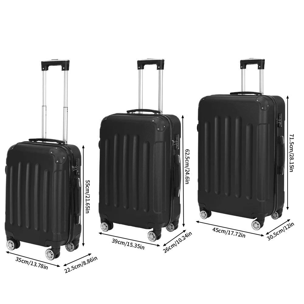 3-piece suitcase set 20-24- 28" Set ABS hard shell travel luggage set 4 wheels zipper telescopic pull rod M-L-XL set Black