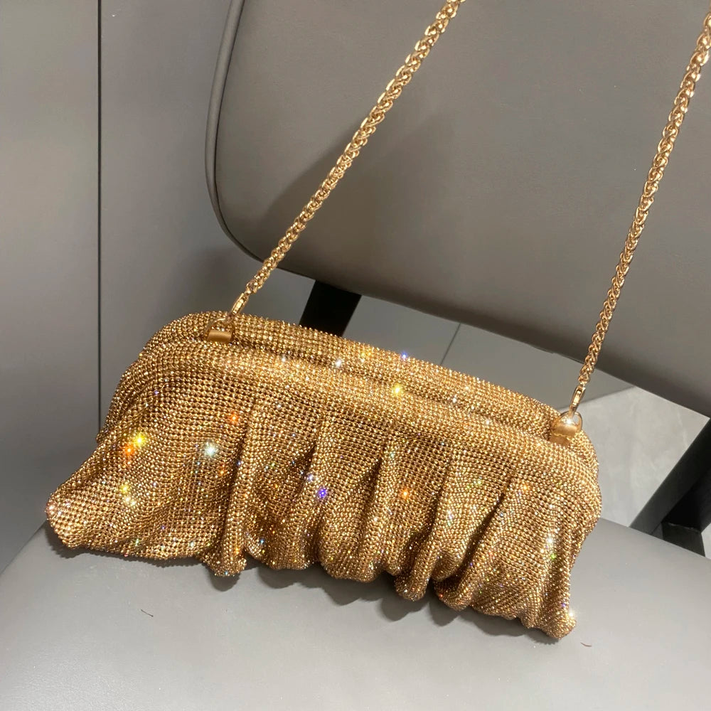 Pochette de soirée faite main ornée de strass brillants – Sac à main de luxe plissé pour mariage et soirée – Haute qualité