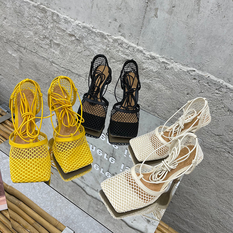 Aneikeh – Escarpins-sandales sexy en résille pour femme (été 2025) – Bout carré, talons aiguilles hauts, lacets croisés, style ajouré – Idéal pour soirées et occasions habillées