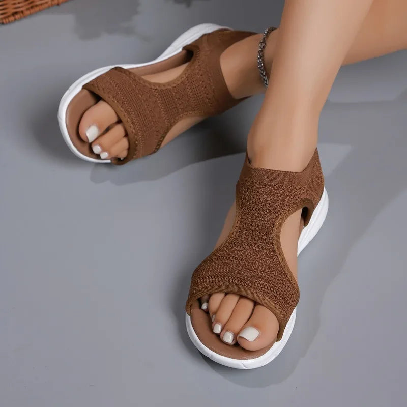 Sandales de sport décontractées et confortables pour femme – Été 2025 – Sandales compensées de plage et sandales romaines en maille tricotée