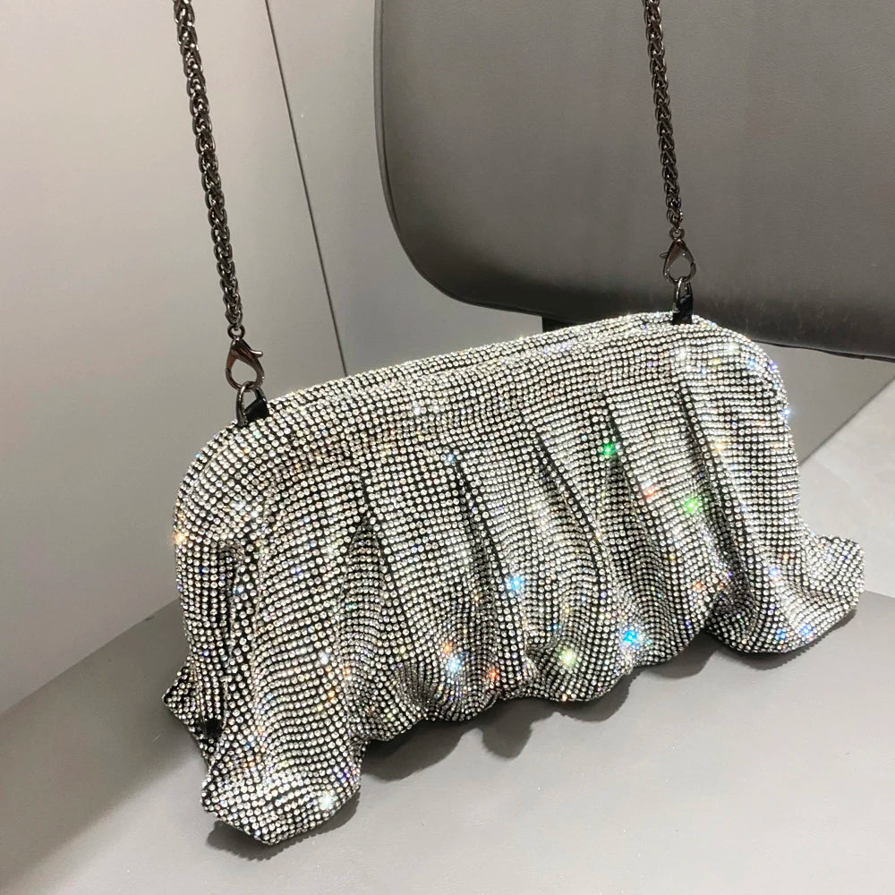 Pochette de soirée faite main ornée de strass brillants – Sac à main de luxe plissé pour mariage et soirée – Haute qualité