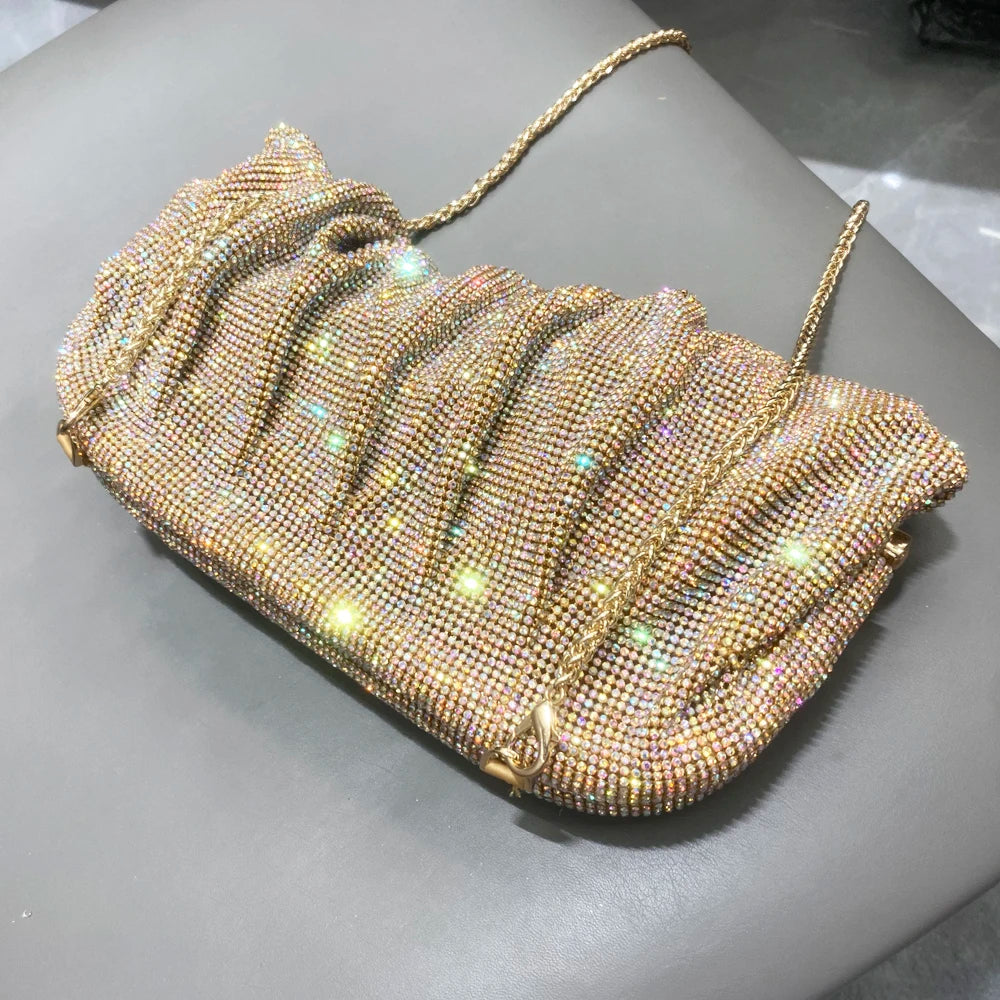 Pochette de soirée faite main ornée de strass brillants – Sac à main de luxe plissé pour mariage et soirée – Haute qualité
