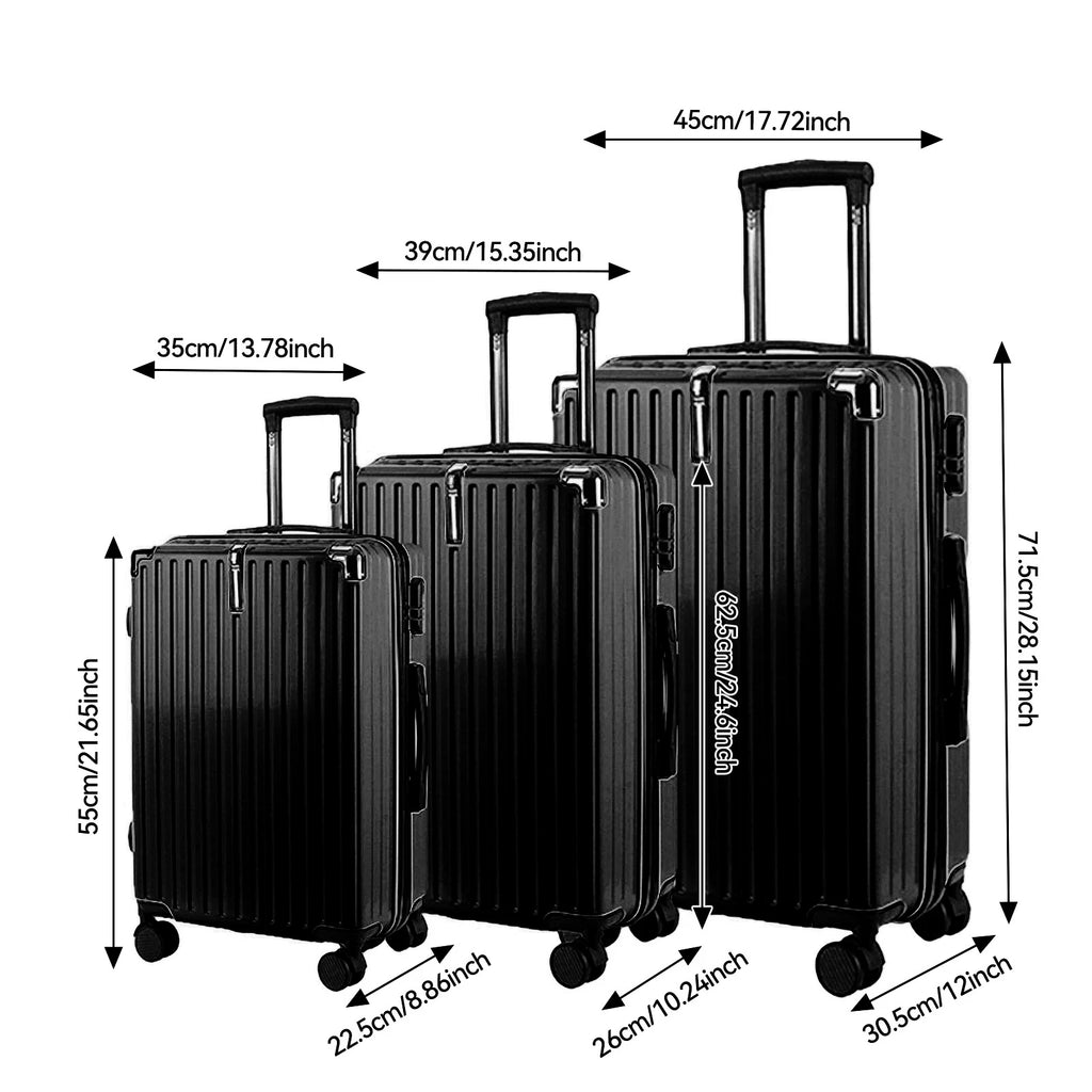 3-piece suitcase set 20-24- 28" Set ABS hard shell travel luggage set 4 wheels zipper telescopic pull rod M-L-XL set Black