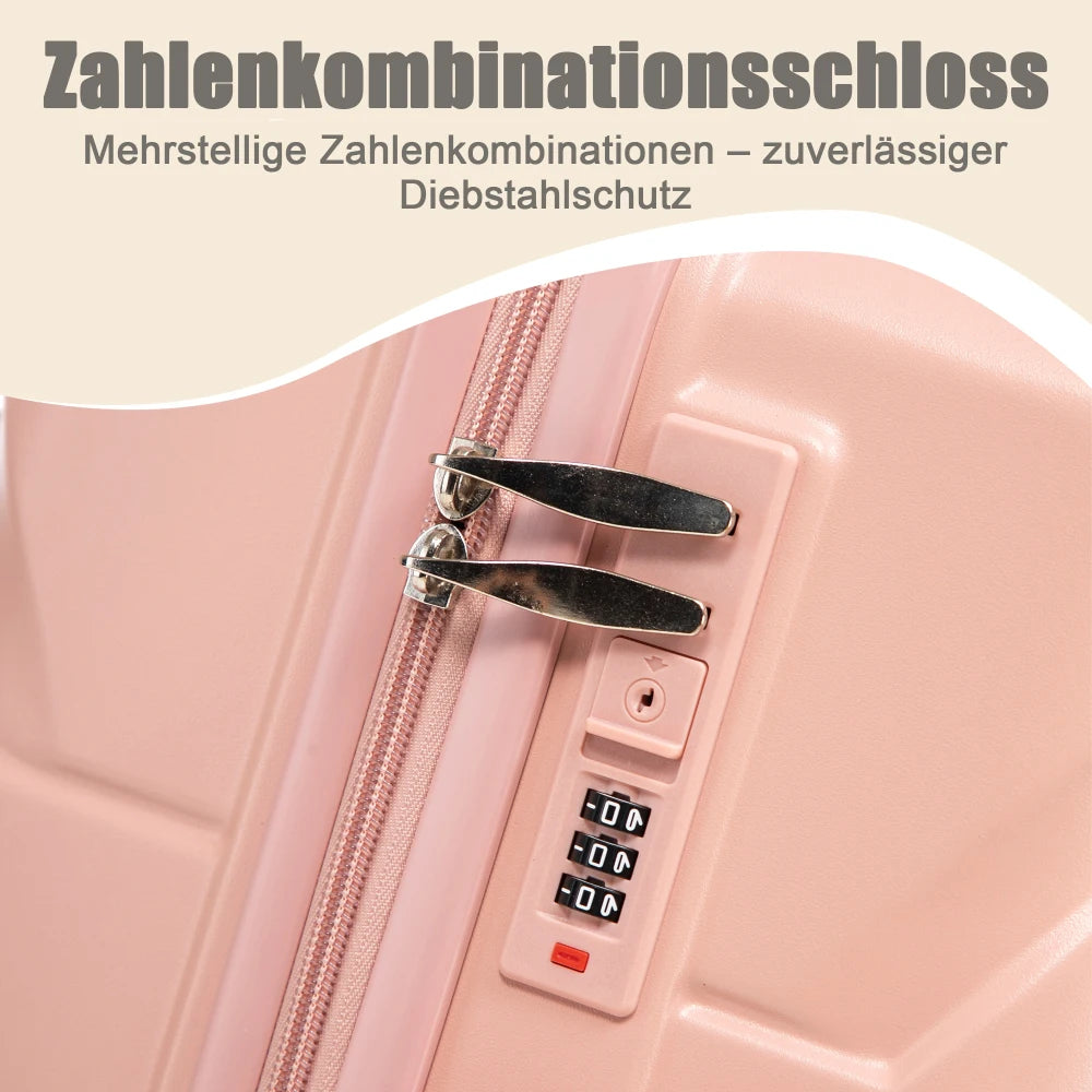 Ensemble de 4 valises rigides en ABS (tailles 14/19/24/28 pouces) avec roues multidirectionnelles à 360°, serrure à code intégrée, poignée télescopique et trousse de toilette ; modèles adaptés à la cabine et à la soute.