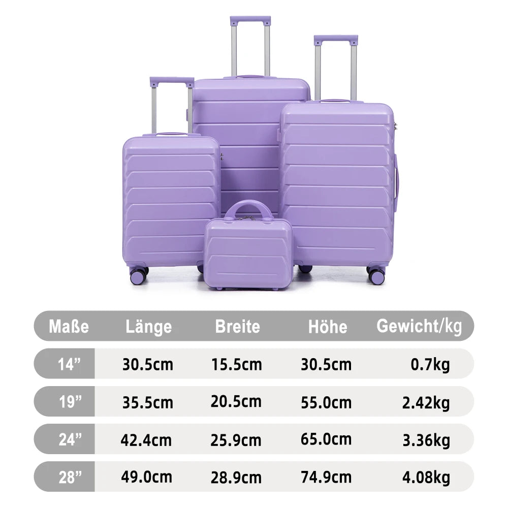 Ensemble de 4 valises rigides en ABS (tailles 14/19/24/28 pouces) avec roues multidirectionnelles à 360°, serrure à code intégrée, poignée télescopique et trousse de toilette ; modèles adaptés à la cabine et à la soute.