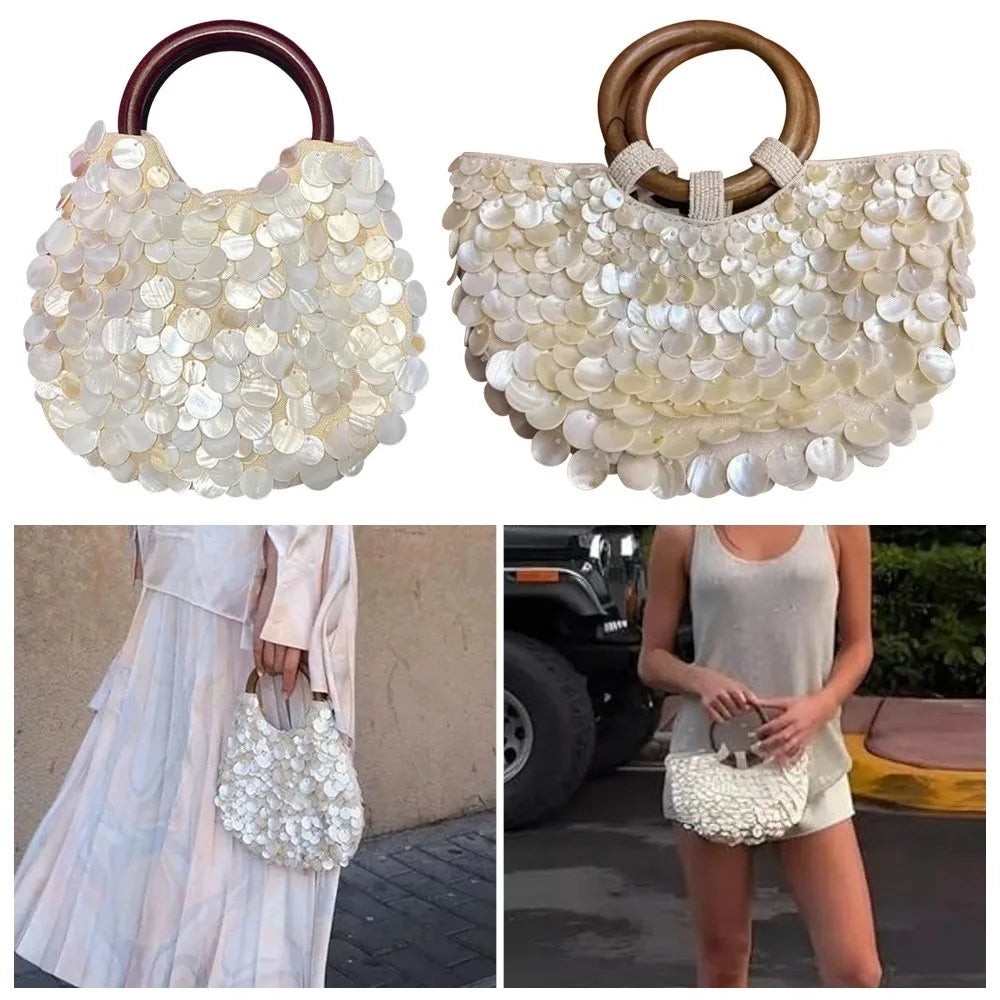 Sac à main féerique en perles fait main, grande capacité, orné de coquillages, pochette style sirène, format compact.