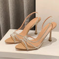 Escarpins d'été pour femme à bride arrière et strass – Sandales à talons transparents style « office lady » – Élégants talons hauts sexy à bout pointu