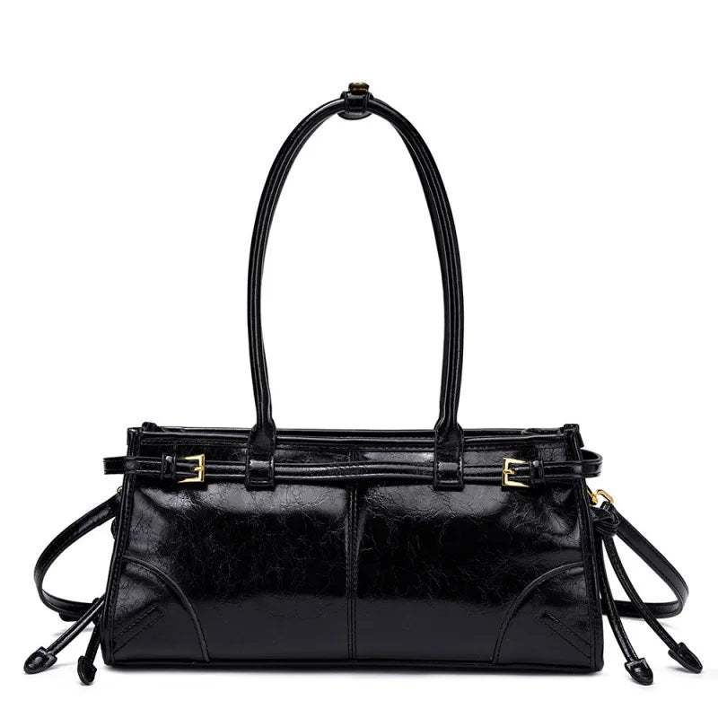 Nouveau sac bandoulière pour femme style Boston 2025 – Cuir souple effet huilé/ciré, design superposé, style moto chic