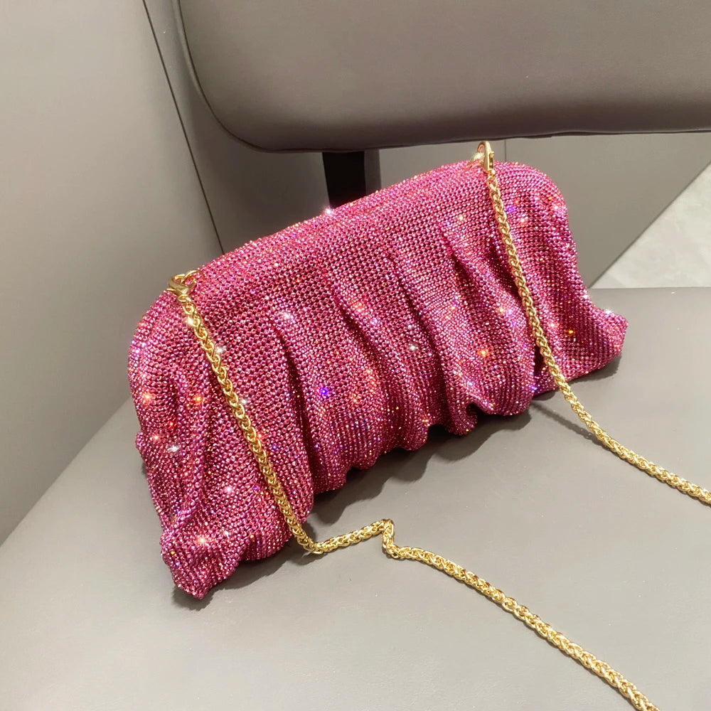Pochette de soirée faite main ornée de strass brillants – Sac à main de luxe plissé pour mariage et soirée – Haute qualité