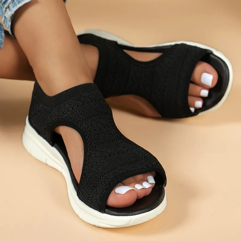 Sandales de sport décontractées et confortables pour femme – Été 2025 – Sandales compensées de plage et sandales romaines en maille tricotée