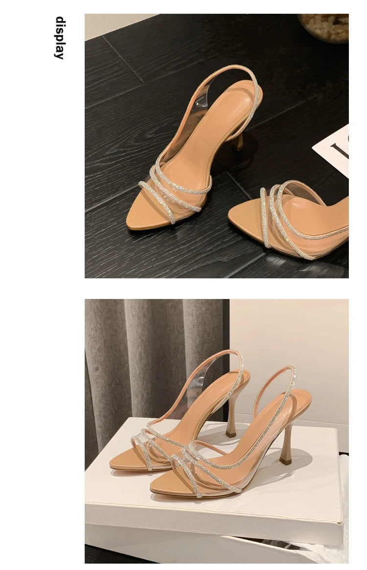 Escarpins d'été pour femme à bride arrière et strass – Sandales à talons transparents style « office lady » – Élégants talons hauts sexy à bout pointu