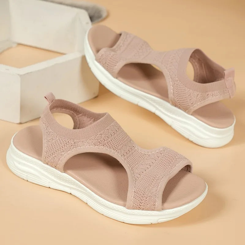Sandales de sport décontractées et confortables pour femme – Été 2025 – Sandales compensées de plage et sandales romaines en maille tricotée