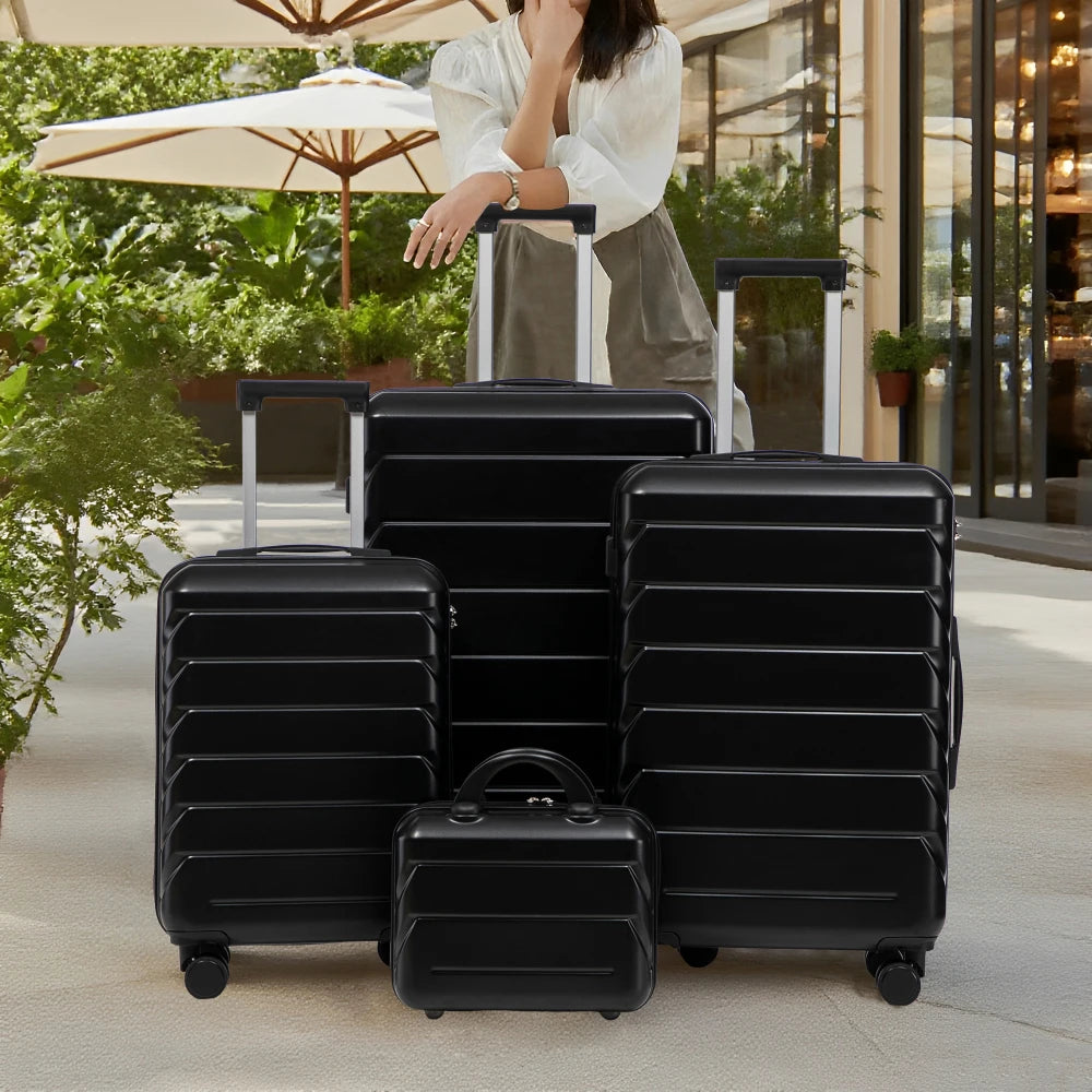 Ensemble de 4 valises rigides en ABS (tailles 14/19/24/28 pouces) avec roues multidirectionnelles à 360°, serrure à code intégrée, poignée télescopique et trousse de toilette ; modèles adaptés à la cabine et à la soute.